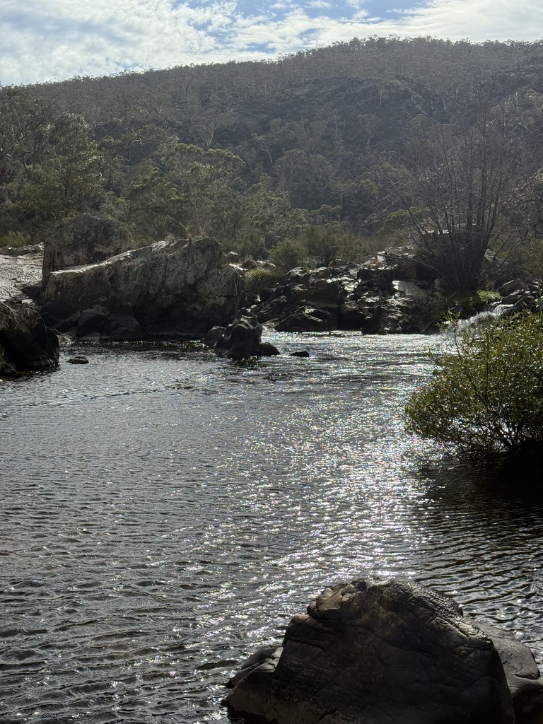 The river below Gracelands, sunlight catching the water between rock formations.